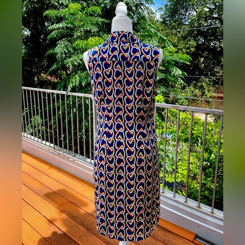 Cabi Amour Dress Size S Heart Chain Print Navy Blue White Collared Casual